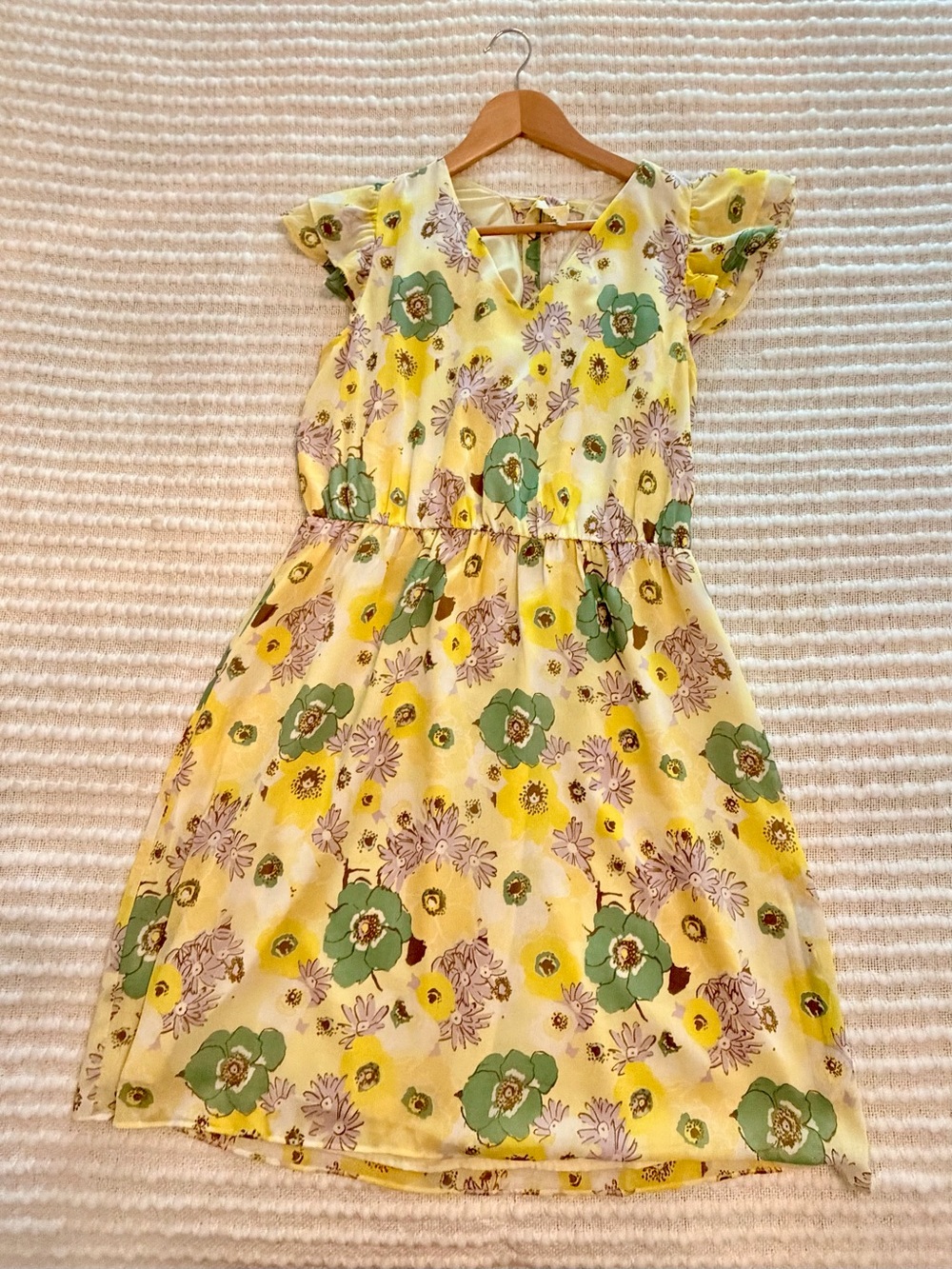 Ann Taylor Factory Ladies Yellow Floral Dress with Green & Lavender Blooms